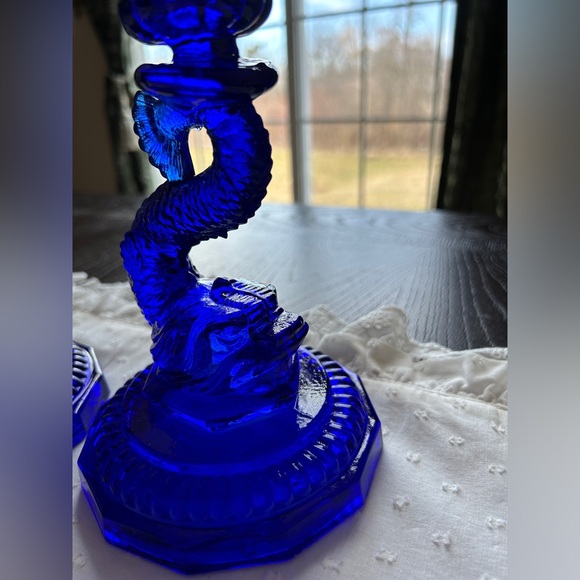 Vintage Pair of Cobalt Blue Glass Dolphin Koi Fish Candlestick Holder - Picture 12 of 16